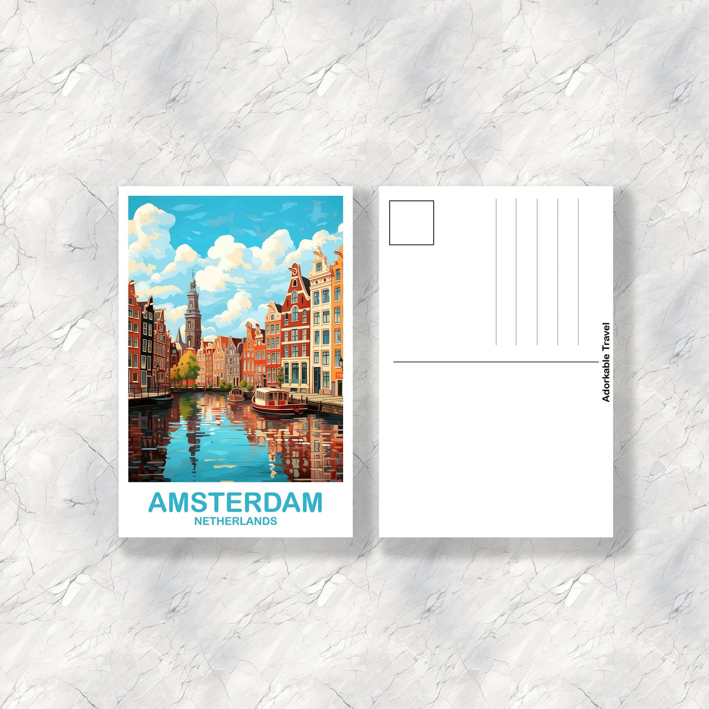Amsterdam Travel Postcard Art, Netherlands Postcard Art, Amsterdam Art Postcard, City Skyline Sunset Art | T2EU_NEAM1_P