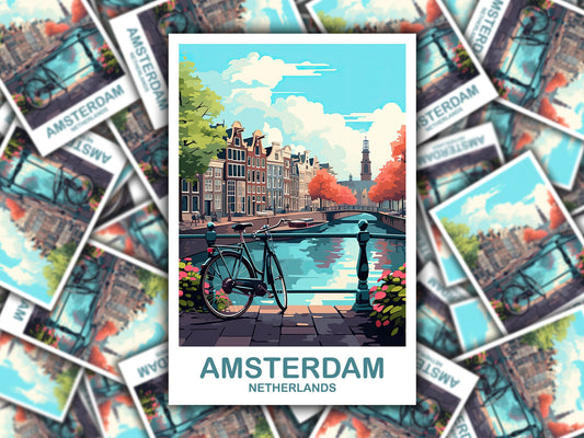 Amsterdam Travel Sticker Art, Netherlands Travel Art, Amsterdam Art Sticker, City Skyline Sunset Art | T2EU_NEAM2_S