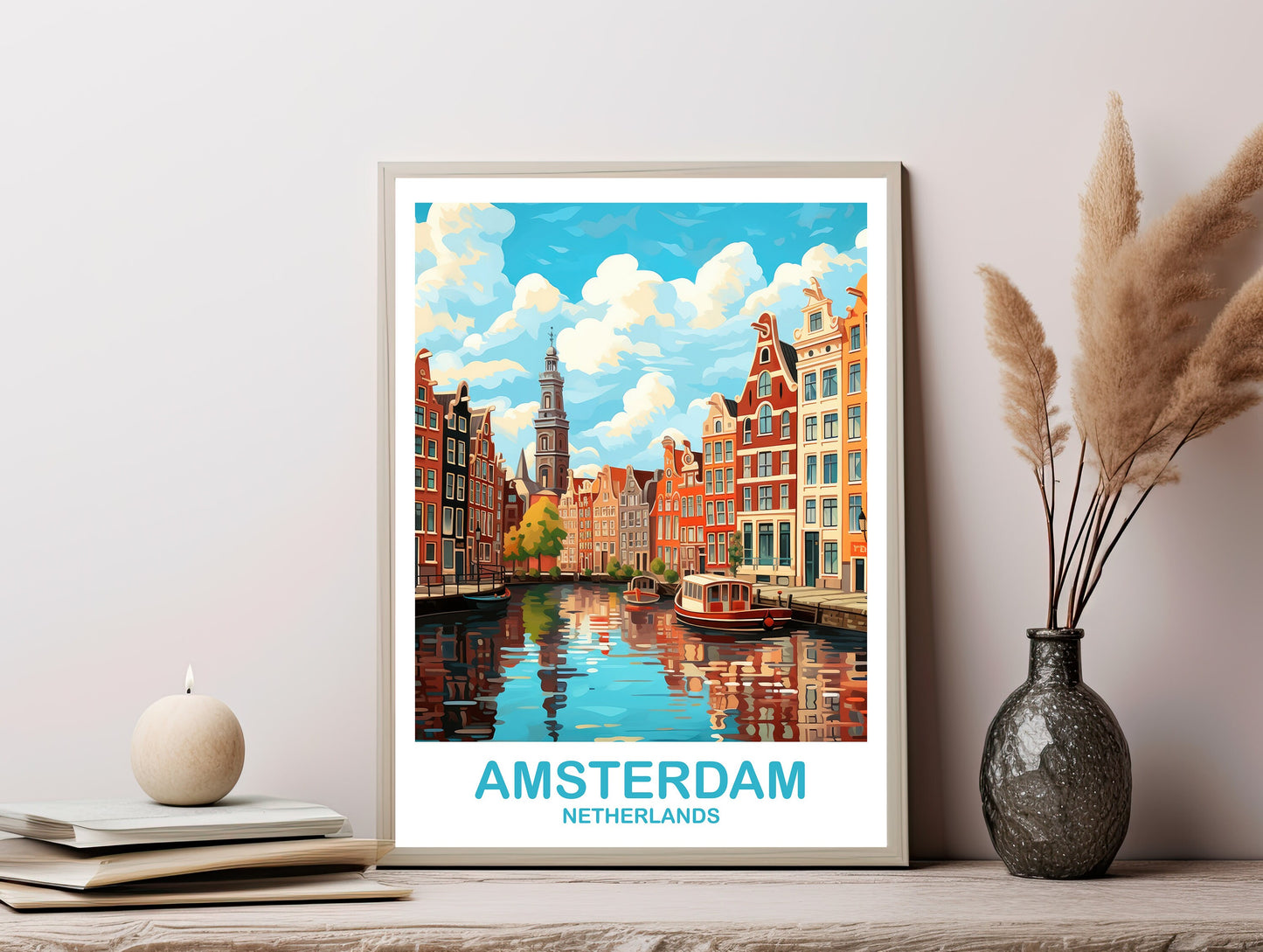 Amsterdam Travel Wall Art, Digital Netherlands Wall Art, Printable Amsterdam Wall Art Poster, City Skyline Sunset Wall Art | DT2EU_NEAM1