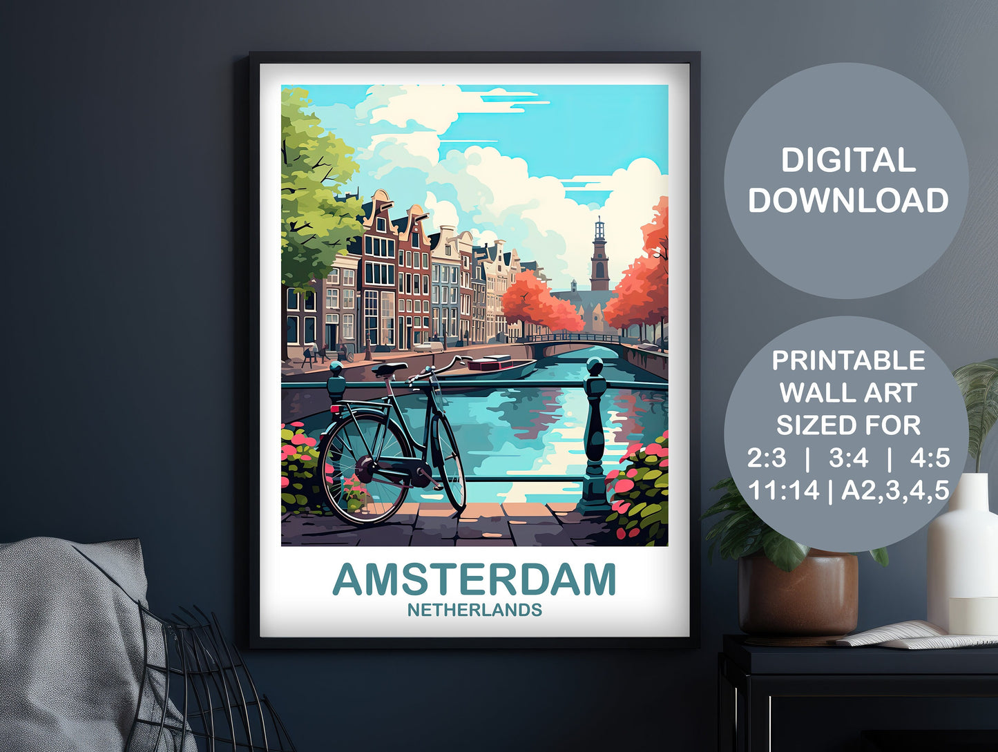 Amsterdam Travel Wall Art, Digital Netherlands Wall Art, Printable Amsterdam Wall Art Poster, City Skyline Sunset Wall Art | DT2EU_NEAM2