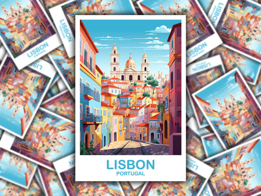 Lisbon Travel Sticker Art, Portugal Travel Sticker Art, Lisbon Wall Art, Europe Travel Art Sticker, City Skyline Sunset Art | T2EU_POLI1_S