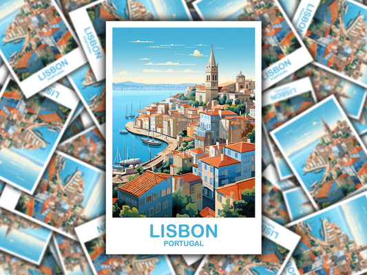 Lisbon Travel Sticker Art, Portugal Travel Sticker Art, Lisbon Wall Art, Europe Travel Art Sticker, City Skyline Sunset Art | T2EU_POLI2_S
