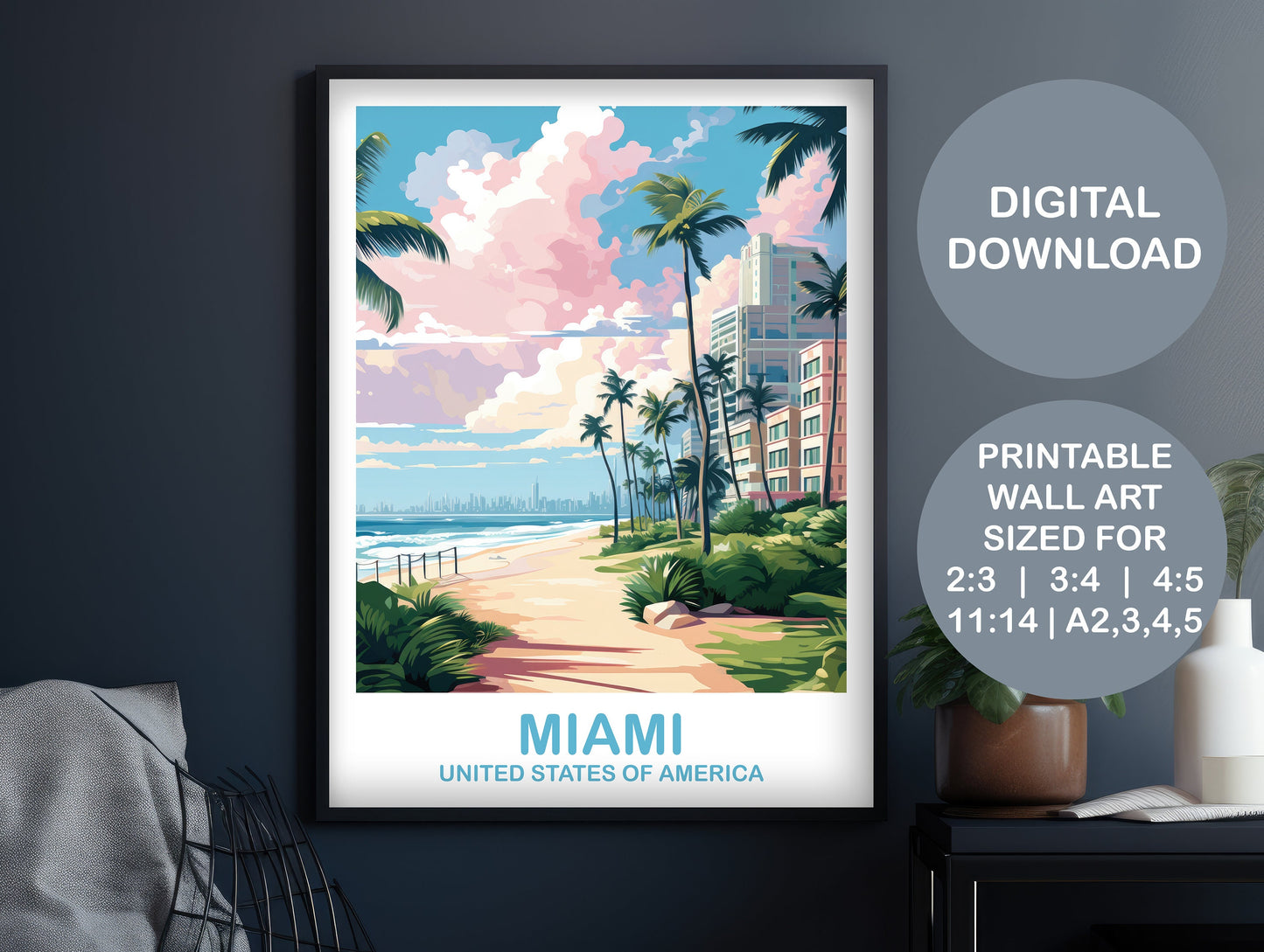 Printable Miami Travel Print, Miami Travel Wall Art, Digital Florida Wall Art, City Skyline Wall Art, Miami Wall Art | DT2NA_FLMI2