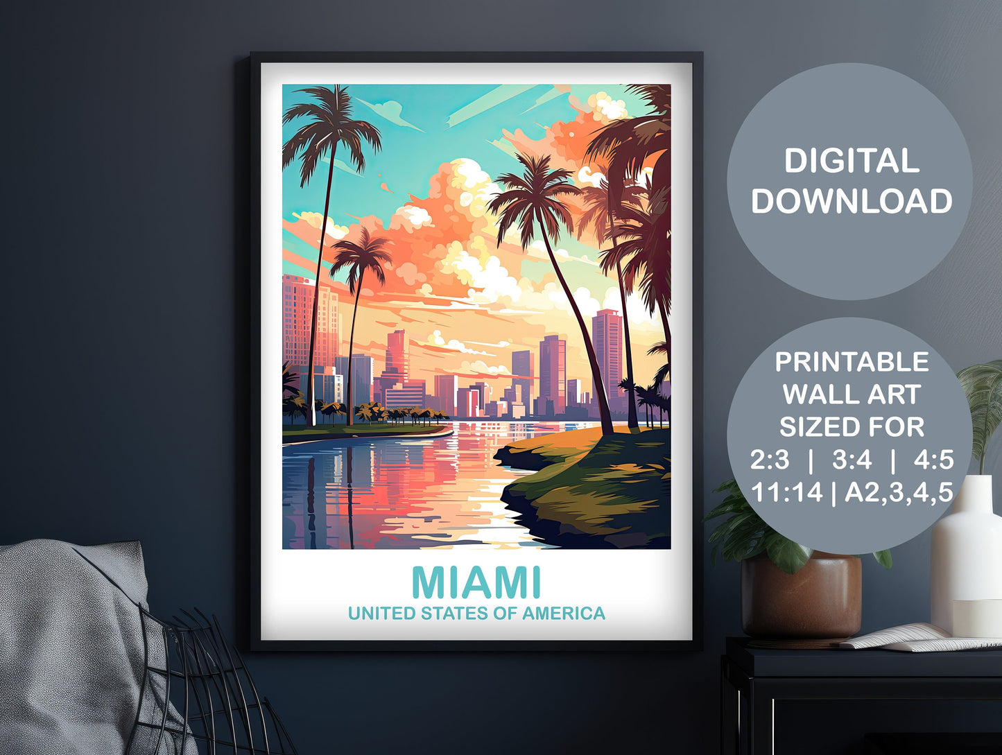 Printable Miami Travel Print, Miami Travel Wall Art, Digital Florida Wall Art, City Skyline Wall Art, Miami Wall Art | DT2NA_FLMI3