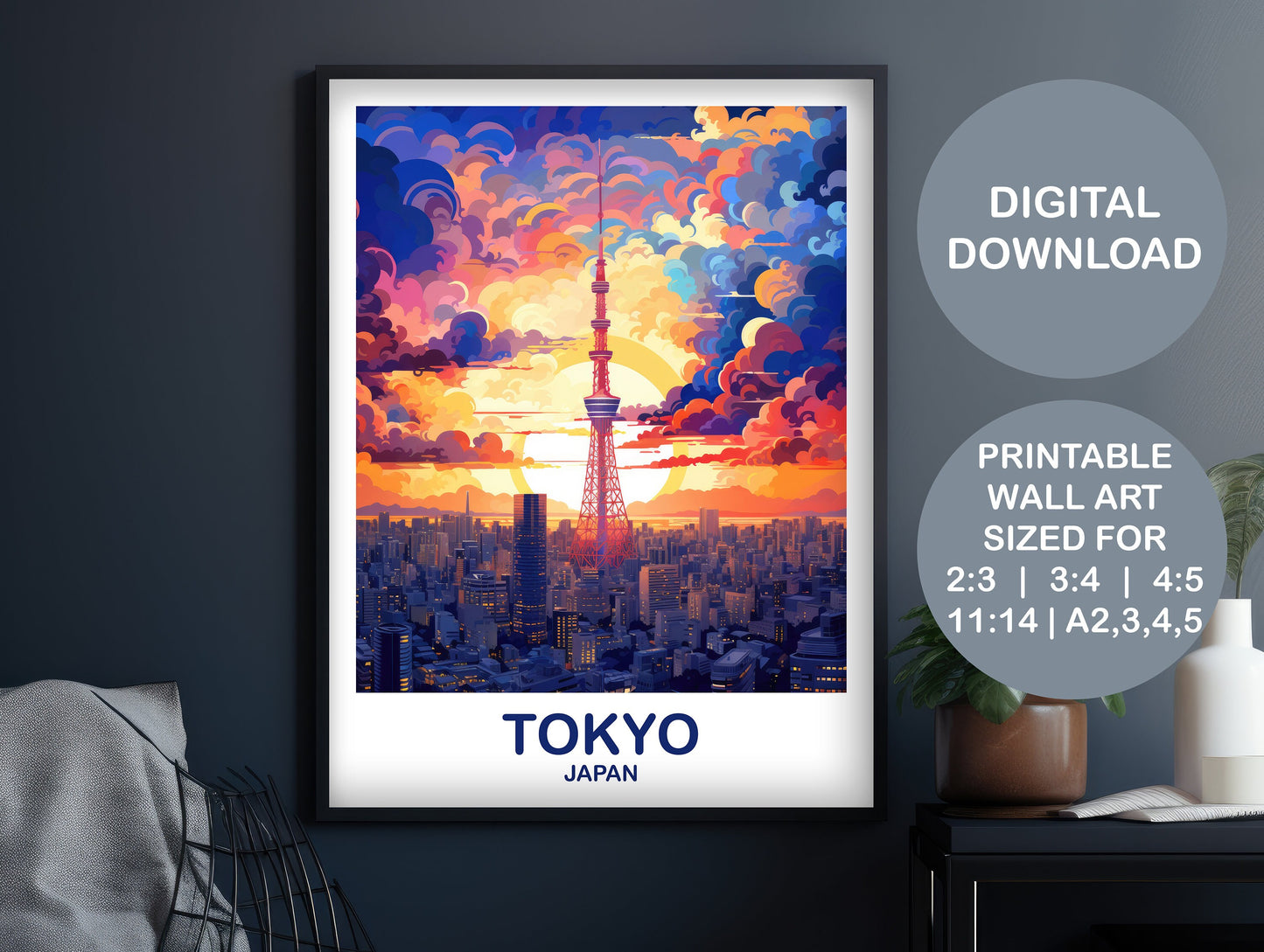 Digital Tokyo Travel Art, Tokyo Skyline, Japan Wall Art Poster, City Skyline Wall Art, Digital Printable Travel Art, Wall Art | DT2AS_JATO1