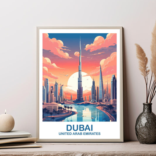 Dubai Travel Wall Art, Dubai Skyline, Dubai Wall Art Poster, City Skyline Wall Art, Vibrant Sunset, Travel Wall Art | T2AS_UAEDU1