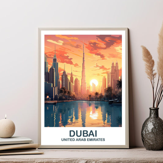 Dubai Travel Wall Art, Dubai Skyline, Dubai Wall Art Poster, City Skyline Wall Art, Vibrant Sunset, Travel Wall Art | T2AS_UAEDU2