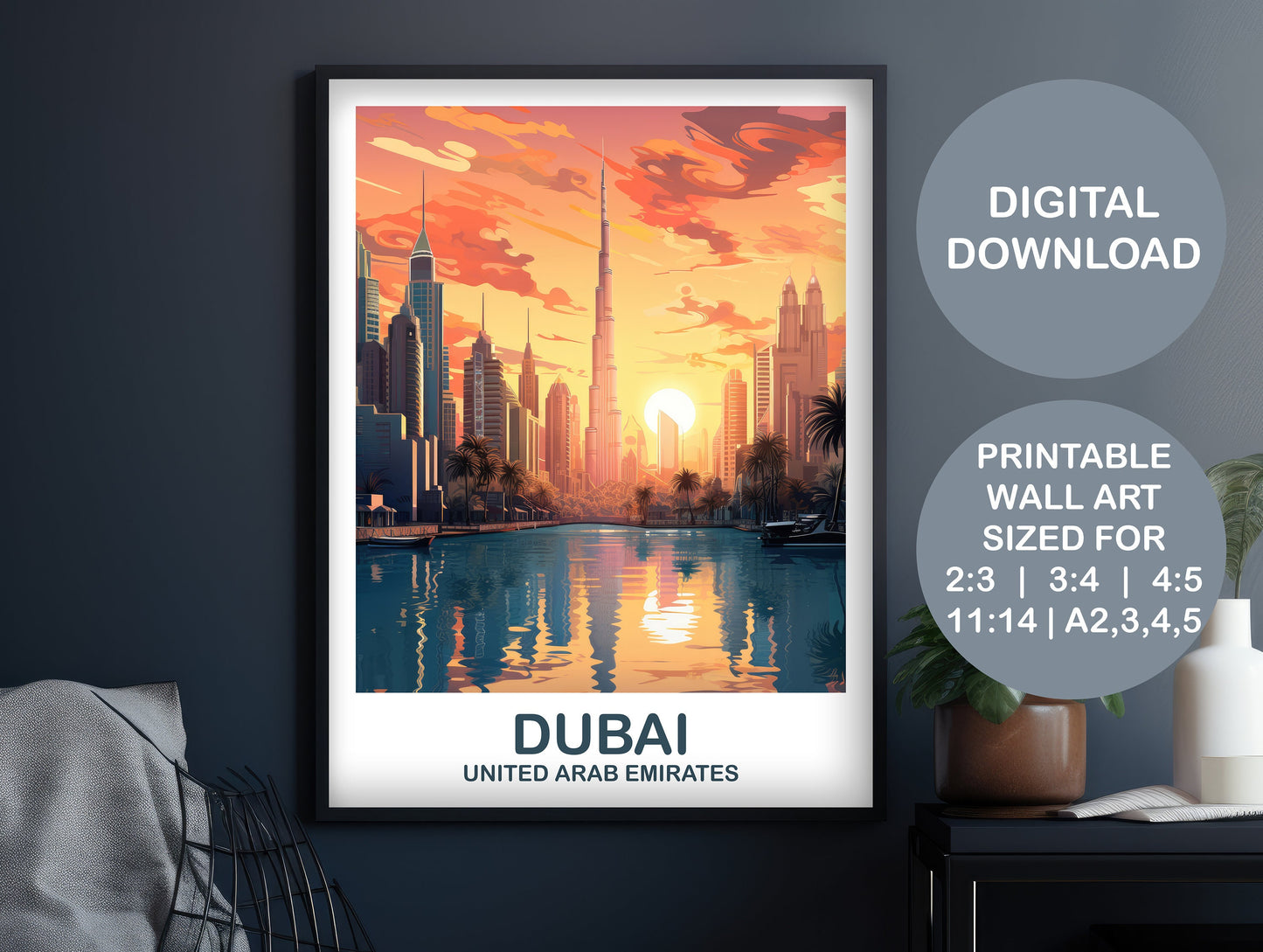 Digital Dubai Travel Wall Art, Dubai Skyline, Dubai Art, City Skyline Wall Art, Vibrant Sunset, Printable Travel Wall Art | DT2AS_UAEDU2