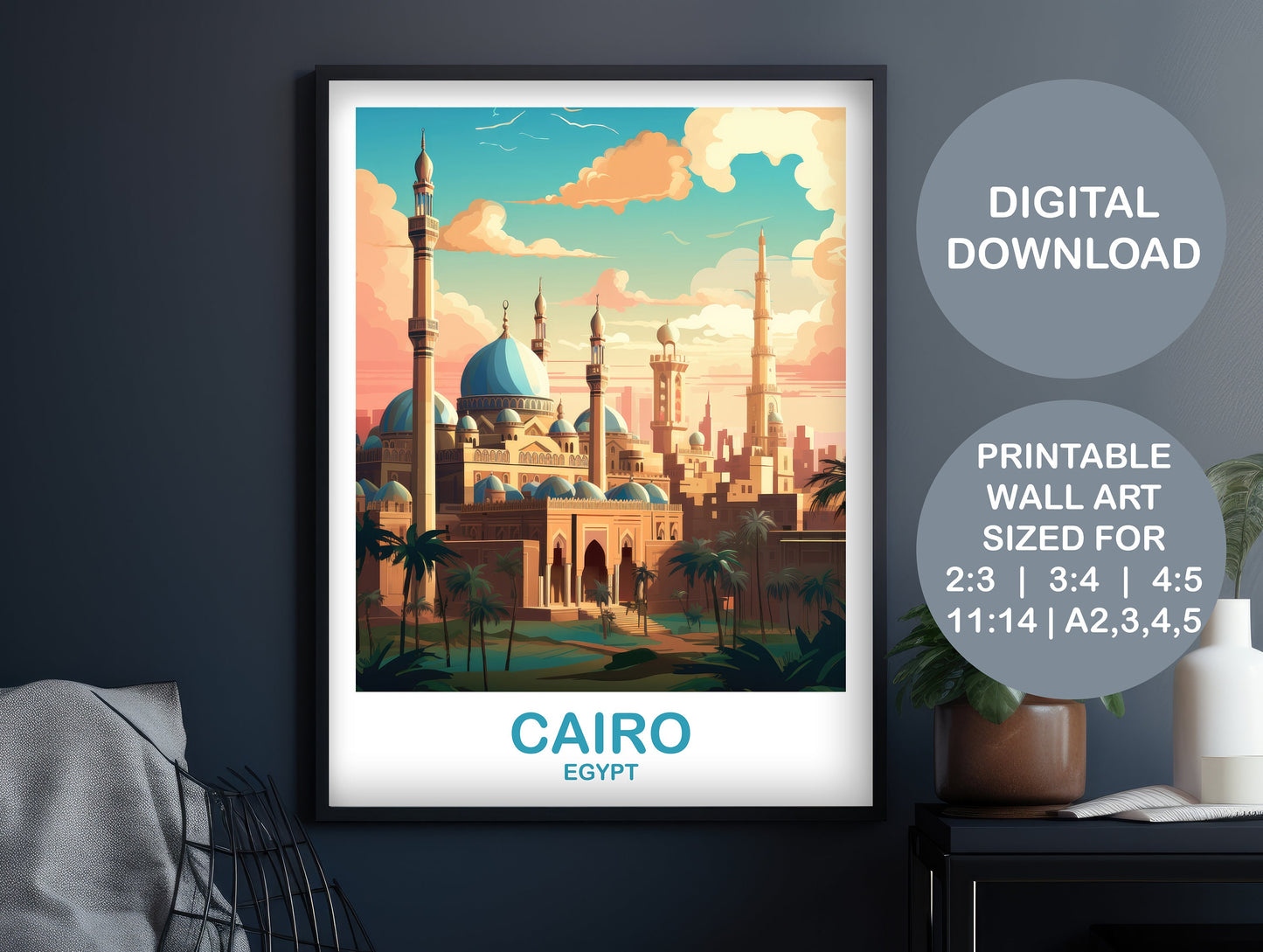 Cairo Travel Wall Art, Egypt Skyline, Digital Cairo Egypt Wall Art, City Skyline Art, Travel Art, Printable Africa Travel Art | DT2AF_EGCA4