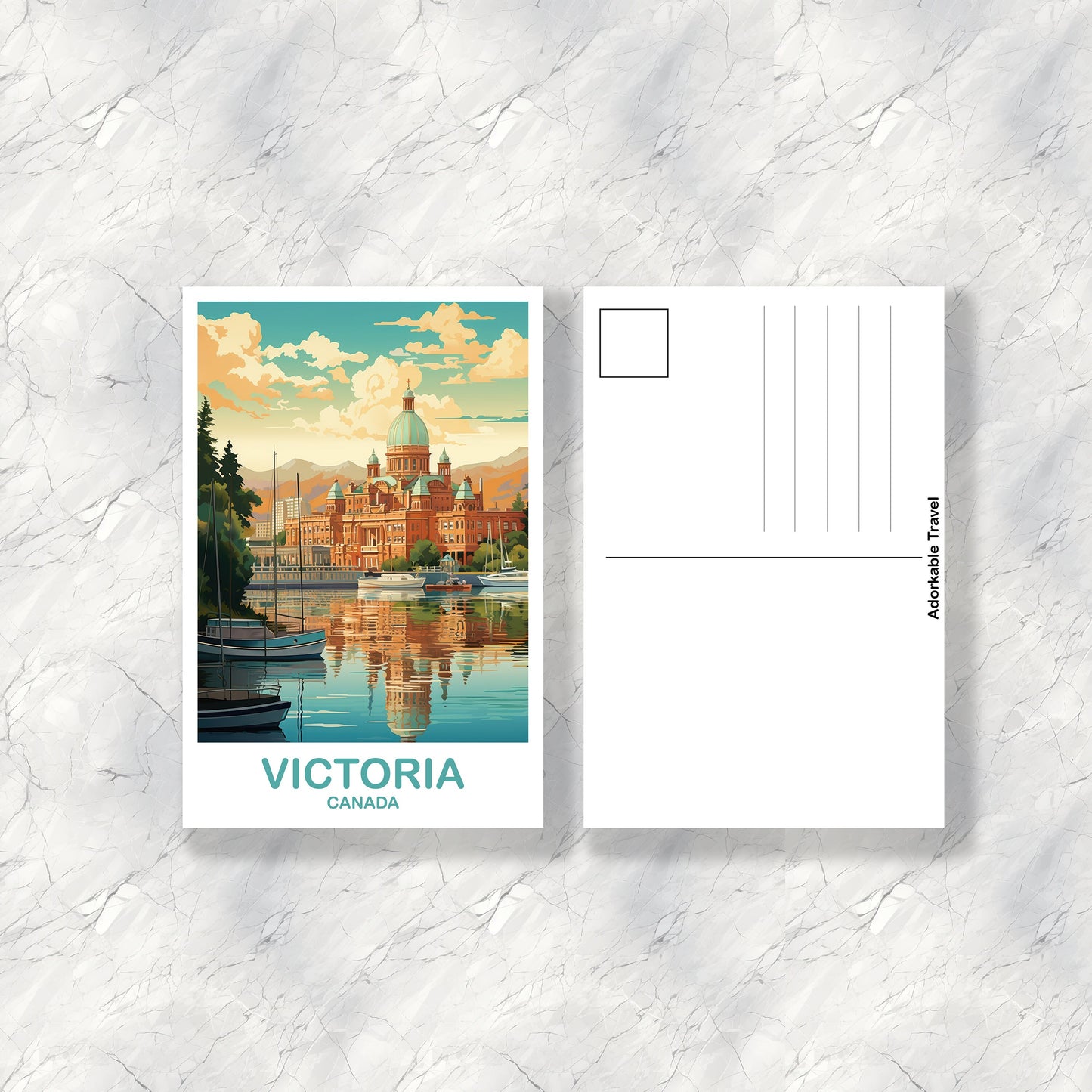 Victoria Travel Art Postcard, BC Travel Art Postcard, Victoria Art, City Skyline Art, British Columbia, Canda Travel Postcard | T2NA_BCVI1_P