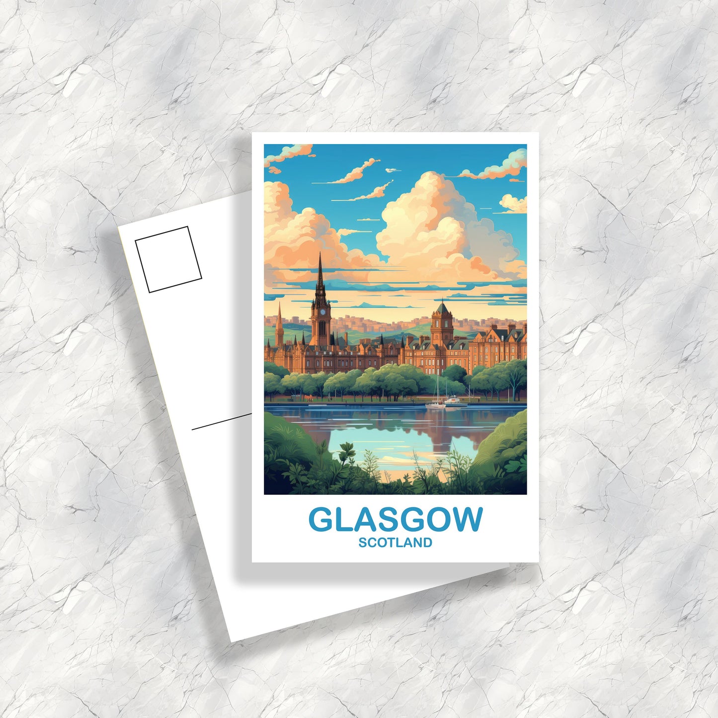 Glasgow Travel Postcard, Glasgow Travel Art, Scotland Postcard, Glasgow Scotland Travel Postcard Art, Travel Postcard | T2EU_SCGL3_P