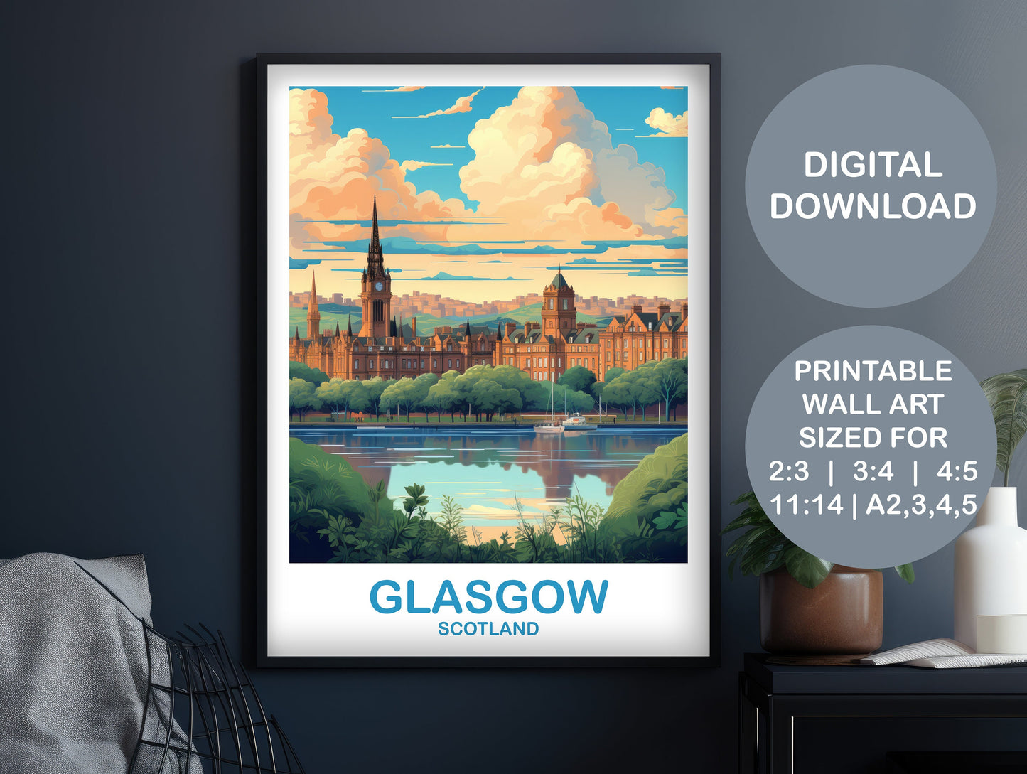 Glasgow Travel Poster Art, Digital Glasgow Travel Art, Scotland Wall Art, Printable Glasgow Scotland Travel, Travel Wall Art | DT2EU_SCGL3