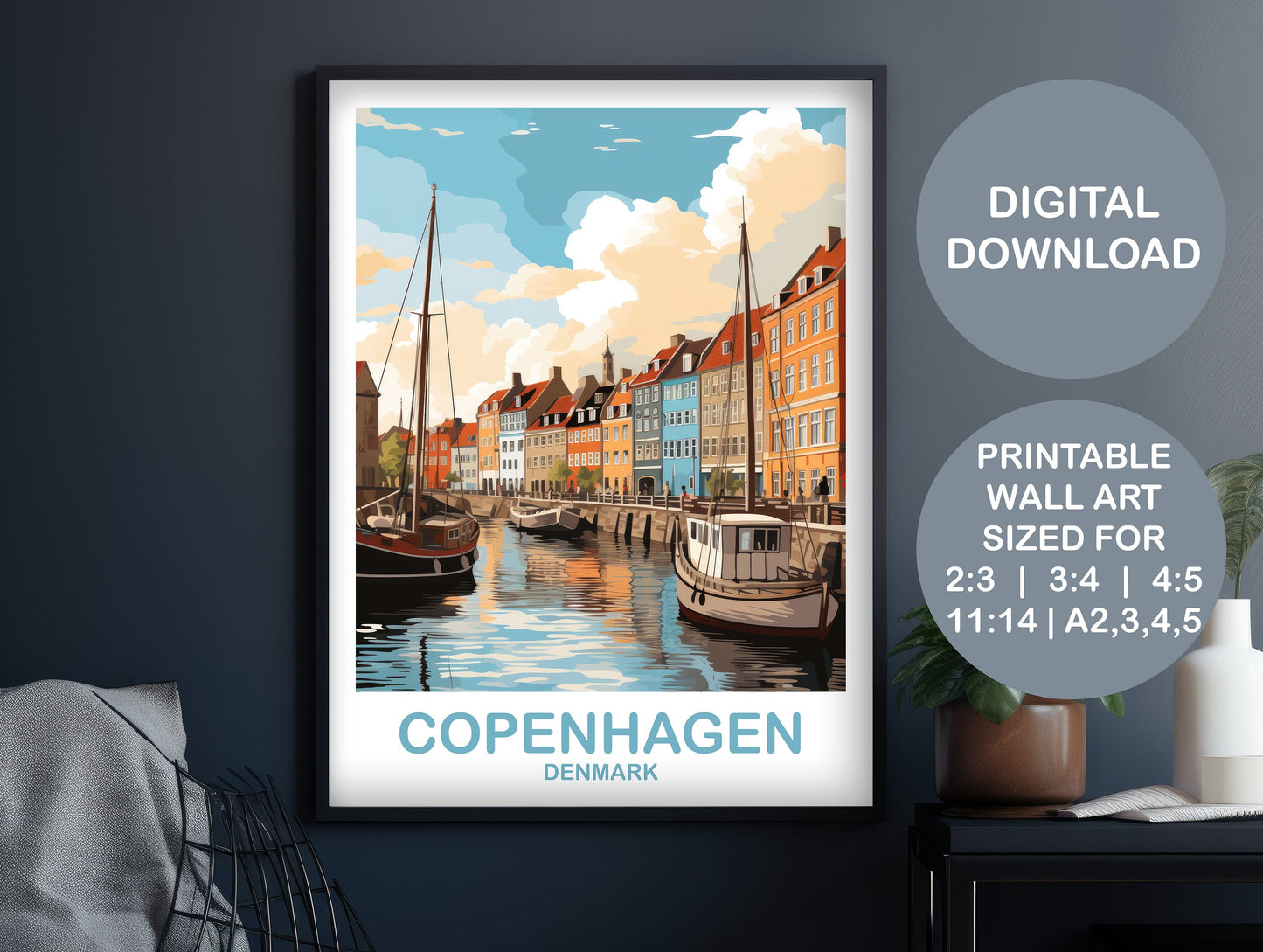 Copenhagen Travel Art, Digital Copenhagen Travel Art, Denmark Poster, Printable Copenhagen Denmark Travel Art, Travel Wall Art | DT2EU_DECO1
