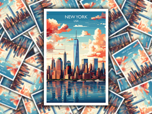 New York Travel Sticker, Manhattan Skyline, New York Art, Big Apple Sticker, City Skyline Sunset Art, Luggage Sticker | T1NA_NYNY1_S