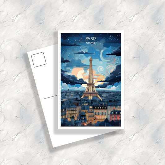 Paris Travel Postard, Paris Skyline, Paris Postcard, Paris France Art Print, Eiffel Tower Postcard, City Skyline Sunset | T1EU_FRPA1_P