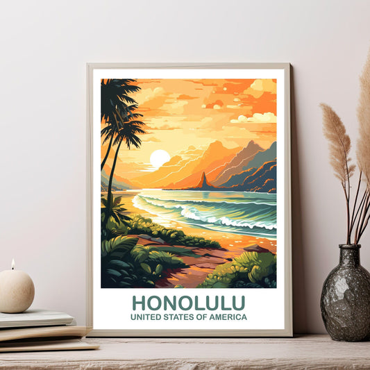 Honolulu Travel Wall Art, Hawaii Travel Wall Art, Honolulu Wall Art Poster, City Skyline Wall Art, USA Travel Wall Art | T2NA_HAHO2