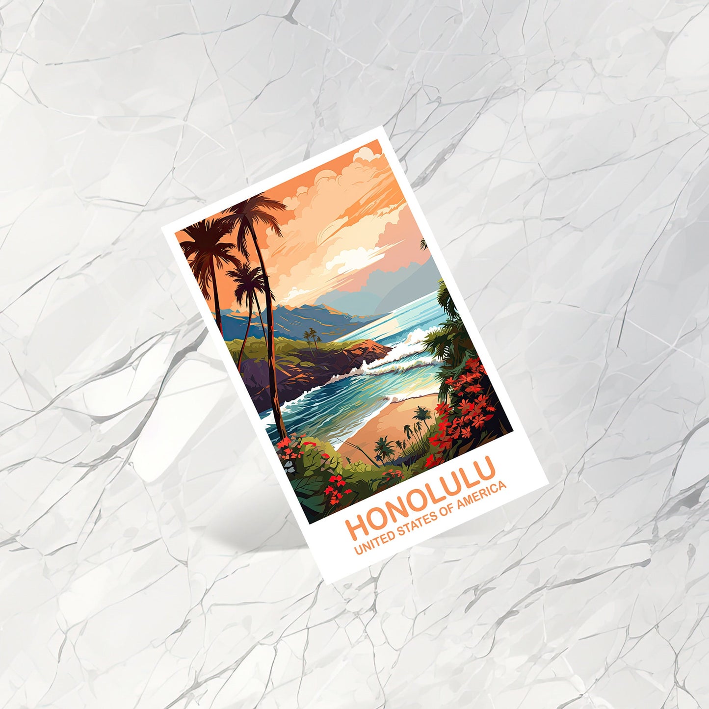 Honolulu Travel Postcard Art, Hawaii Travel Postcard Art, Honolulu Wall Art Postcard, City Skyline Art, USA Travel Postcard | T2NA_HAHO1_P