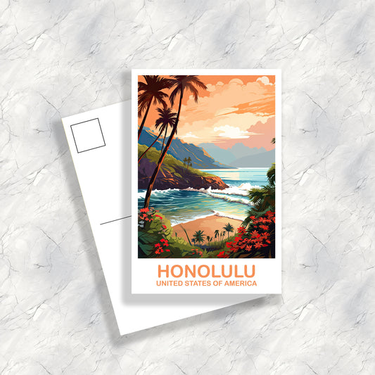 Honolulu Travel Postcard Art, Hawaii Travel Postcard Art, Honolulu Wall Art Postcard, City Skyline Art, USA Travel Postcard | T2NA_HAHO1_P