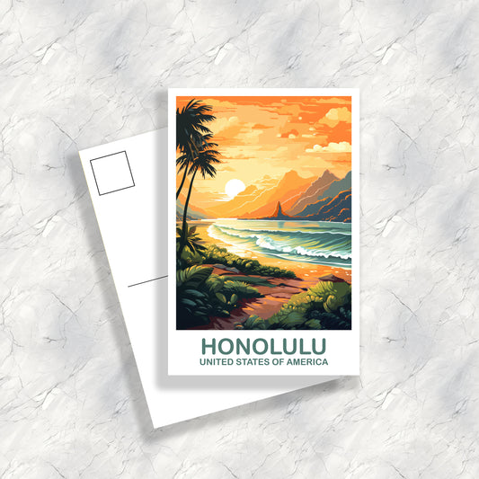Honolulu Travel Postcard Art, Hawaii Travel Postcard Art, Honolulu Wall Art Postcard, City Skyline Art, USA Travel Postcard | T2NA_HAHO2_P