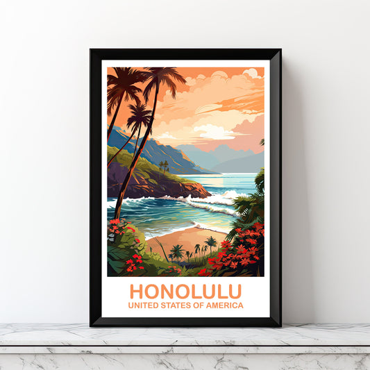 Digital Honolulu Travel Art, Hawaii Travel Wall Art, Printable Honolulu Wall Art, City Skyline Wall Art, USA Travel Wall Art | DT2NA_HAHO1