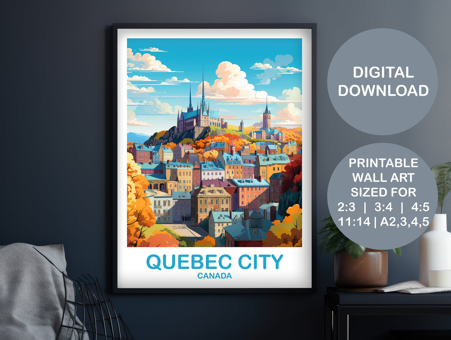 Quebec City Travel Wall Print, Digital Quebec Travel Wall Art, Quebec Wall Art, City Skyline Wall Art, Canada Travel Wall Art | DT2NA_QUQC1