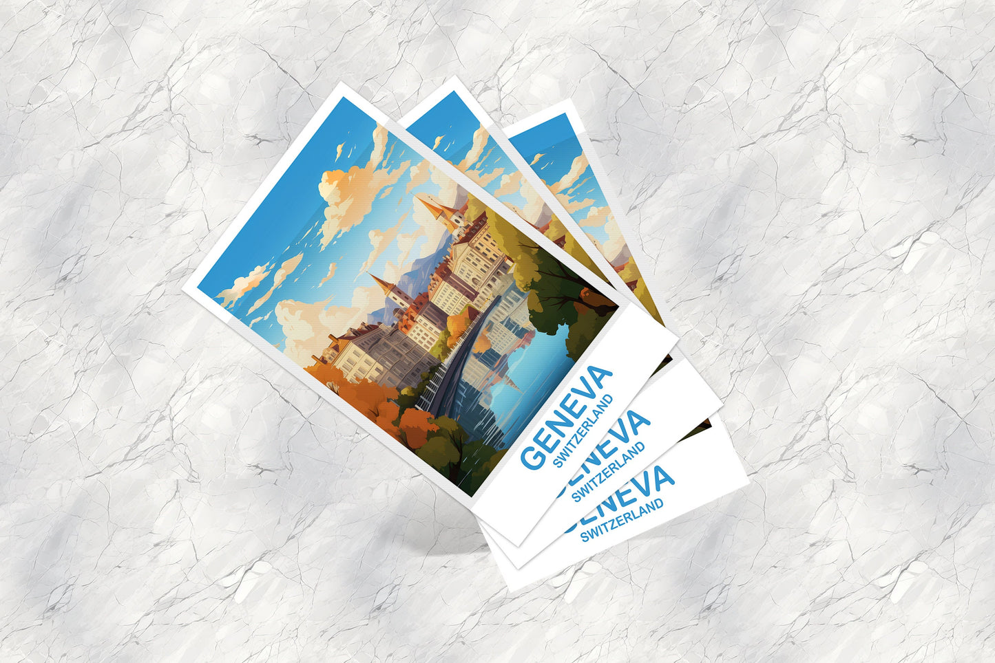 Geneva Travel Postcard Art, Geneva Switzerland Postcard Art, Switzerland Art Postcard, City Skyline Sunset Art | T2EU_SWGE1_P