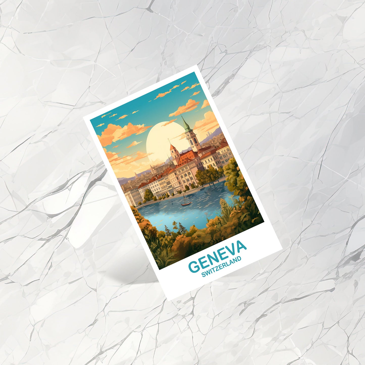 Geneva Travel Postcard Art, Geneva Switzerland Postcard Art, Switzerland Art Postcard, City Skyline Sunset Art | T2EU_SWGE2_P