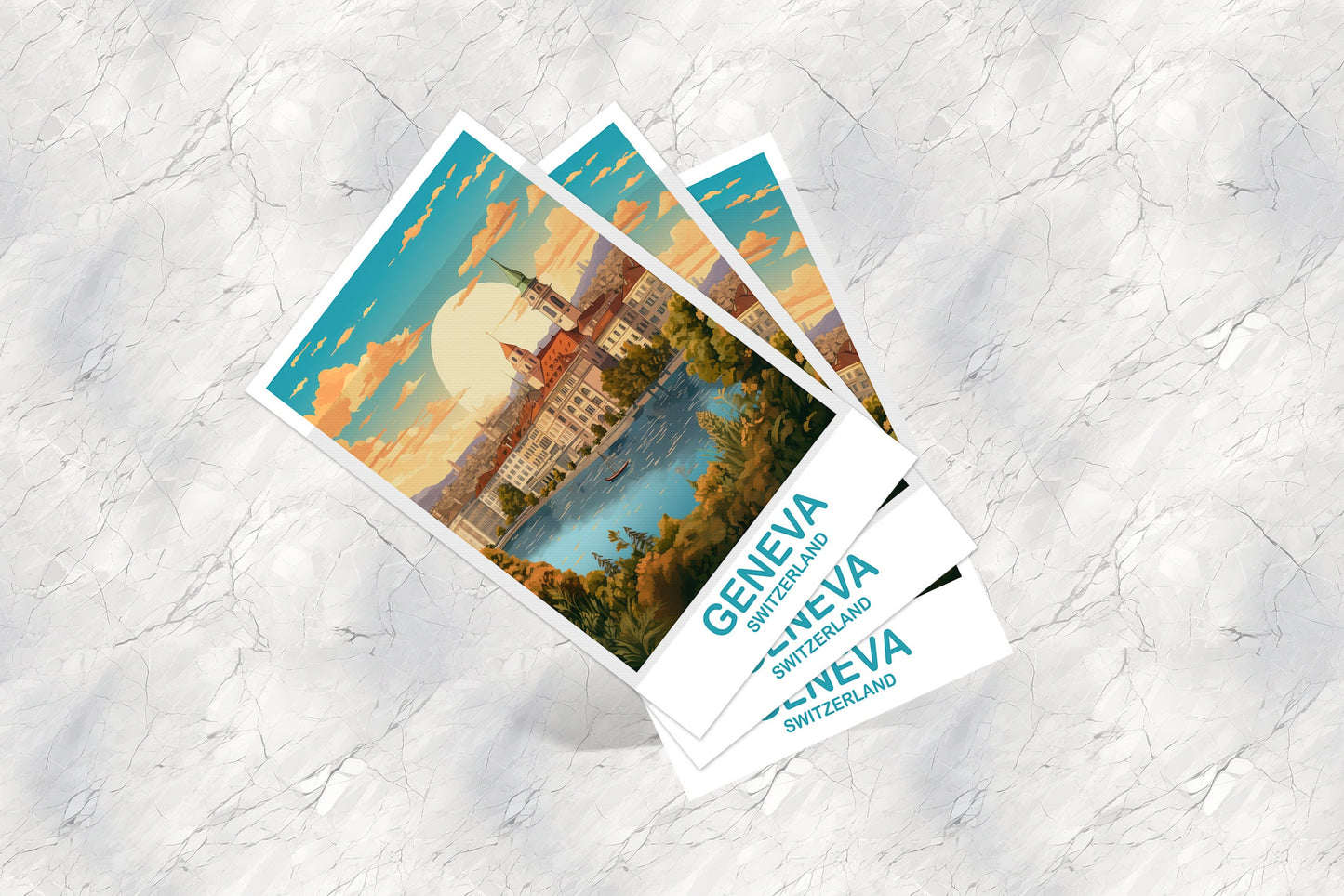 Geneva Travel Postcard Art, Geneva Switzerland Postcard Art, Switzerland Art Postcard, City Skyline Sunset Art | T2EU_SWGE2_P