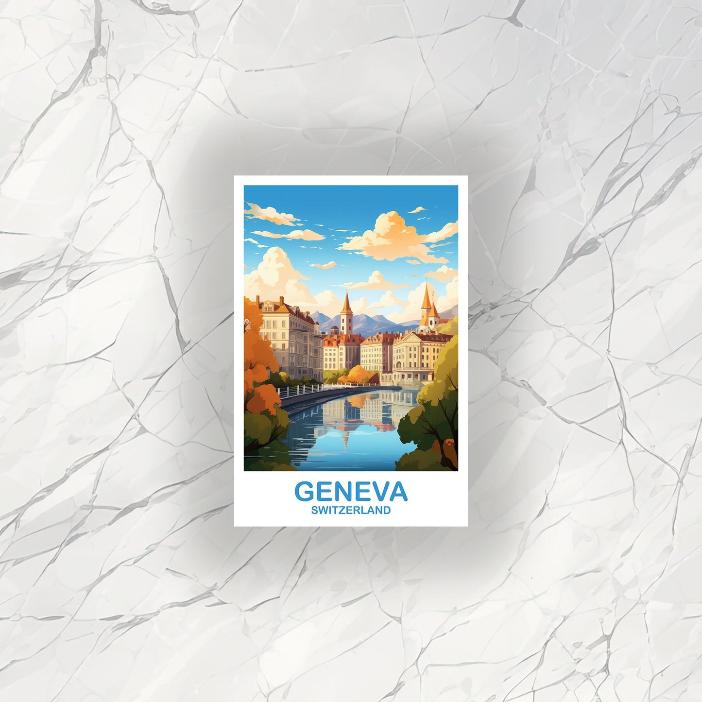 Geneva Travel Sticker Art, Geneva Switzerland Art Sticker, Switzerland Art Sticker, City Skyline Sunset Art | T2EU_SWGE1_S