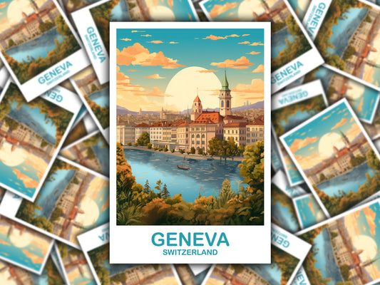 Geneva Travel Sticker Art, Geneva Switzerland Art Sticker, Switzerland Art Sticker, City Skyline Sunset Art | T2EU_SWGE2_S