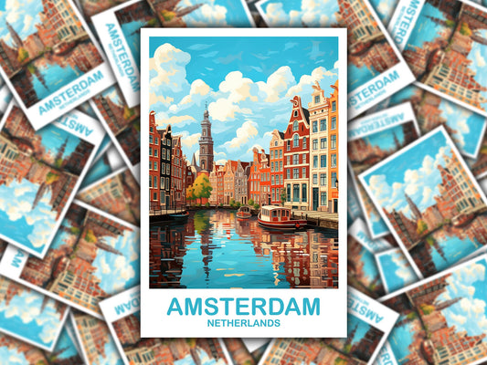 Amsterdam Travel Sticker Art, Netherlands Travel Art, Amsterdam Art Sticker, City Skyline Sunset Art | T2EU_NEAM1_S