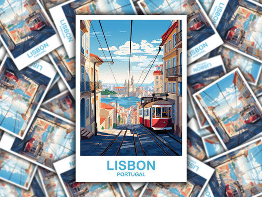 Lisbon Travel Sticker Art, Portugal Travel Sticker Art, Lisbon Wall Art, Europe Travel Art Sticker, City Skyline Sunset Art | T2EU_POLI3_S
