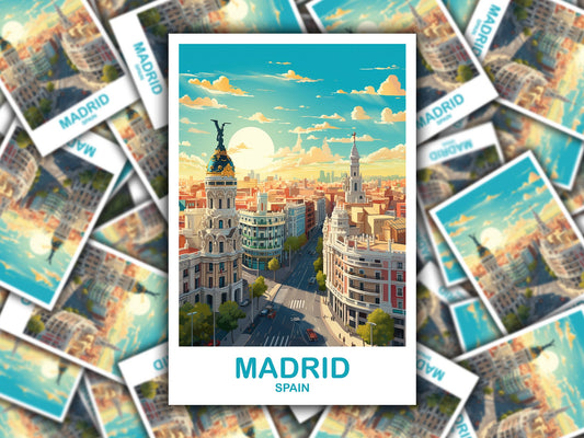 Madrid Spain Travel Sticker Art, Spain Travel Art, Madrid Sticker Art, Spain Travel Art Sticker, City Skyline Sunset Art | T2EU_SPMA1_S