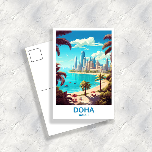 Doha Travel Postcard Art, Doha Skyline, Doha Qatar Art Postcard, City Skyline Art, Travel Postcard Art, Asia Travel Art | T2AS_QADO1_P