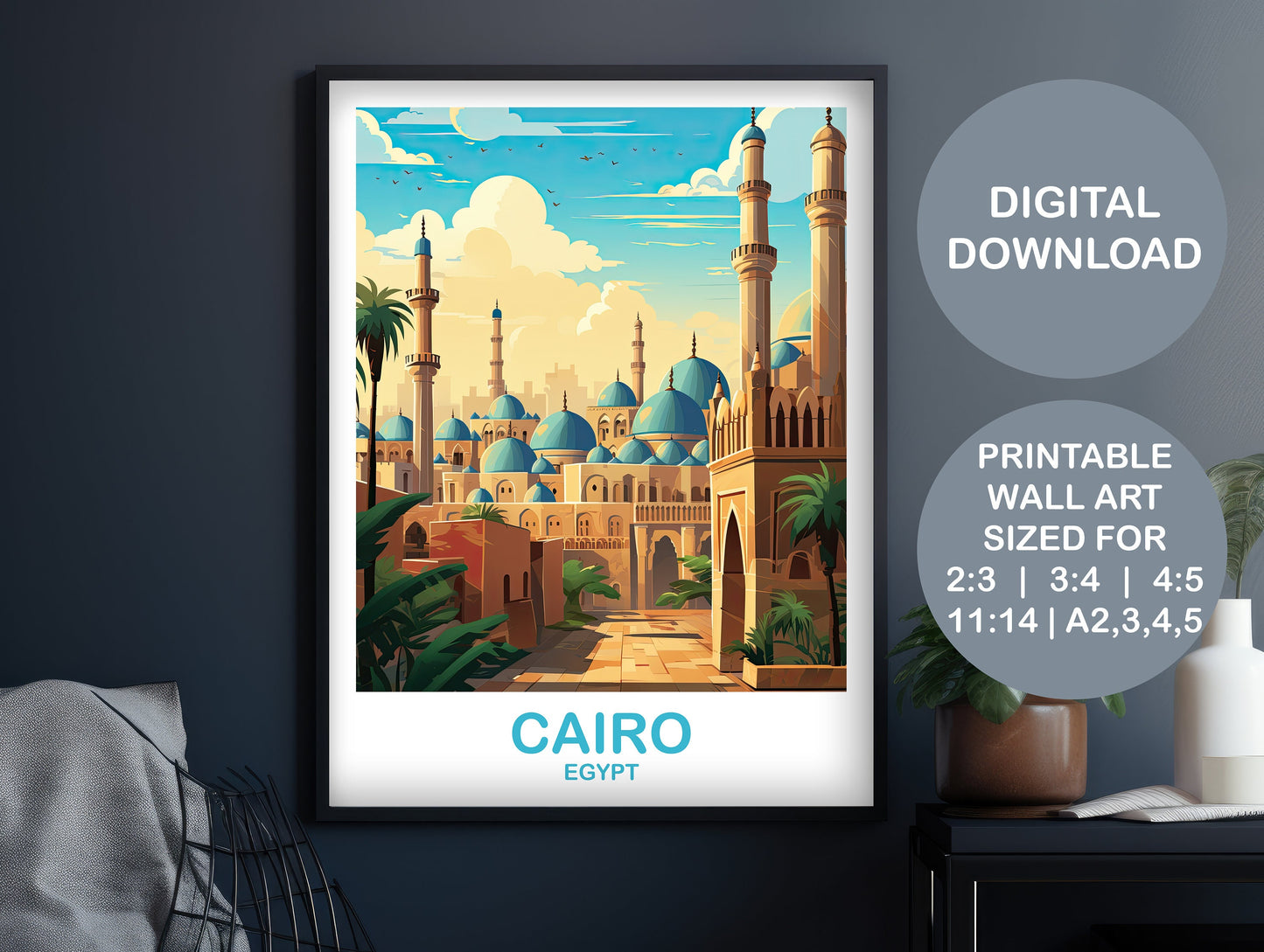 Cairo Travel Wall Art, Egypt Skyline, Digital Cairo Egypt Wall Art, City Skyline Art, Travel Art, Printable Africa Travel Art | DT2AF_EGCA3