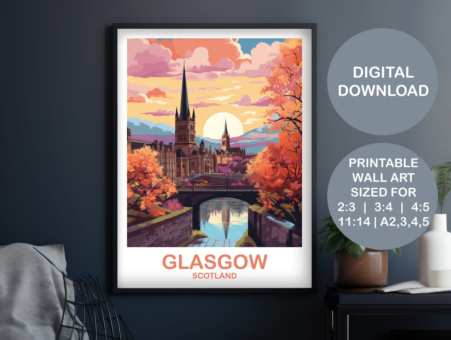 Glasgow Travel Poster Art, Digital Glasgow Travel Art, Scotland Wall Art, Printable Glasgow Scotland Travel, Travel Wall Art | DT2EU_SCGL1
