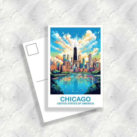 Chicago Travel Postcard Art, Illinois Travel Postcard, City Skyline Postcard, USA Travel Postcard, Travel Postcard | T2NA_ILCH1_P