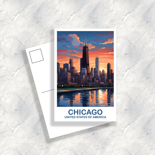 Chicago Travel Postcard Art, Illinois Travel Postcard, City Skyline Postcard, USA Travel Postcard, Travel Postcard | T2NA_ILCH2_P