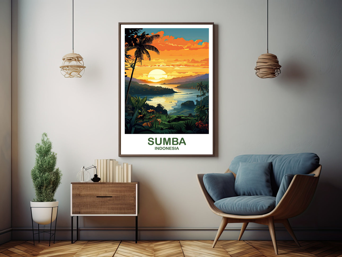 Sumba Travel Wall Art, Sumba Skyline, Bali Indonesia Wall Art Poster, City Skyline Wall Art, Vibrant Sunset, Travel Wall Art | T2AS_INDSU1