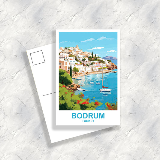 Bodrum Travel Postcard Art, Bodrum Turkey Postcard Art, Turkey Art Postcard, City Skyline, Turkey Travel Postcard Art | T2EU_TUBO1_P