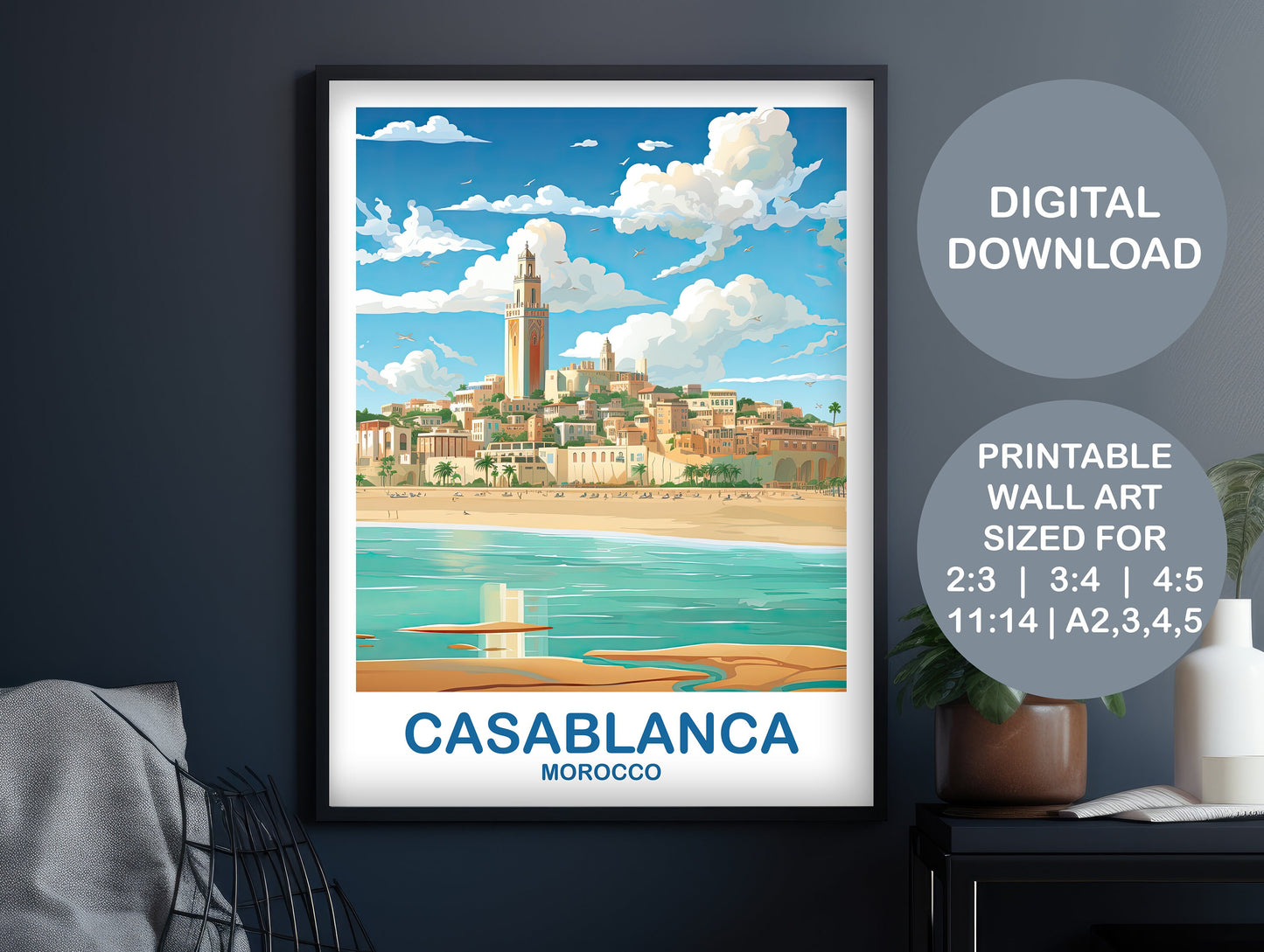 Casablanca Travel Wall Art, Morocco Skyline, City Skyline Art, Travel Wall Art, Africa Travel Art, Printable Casablanca Art | DT2AF_MOCA1