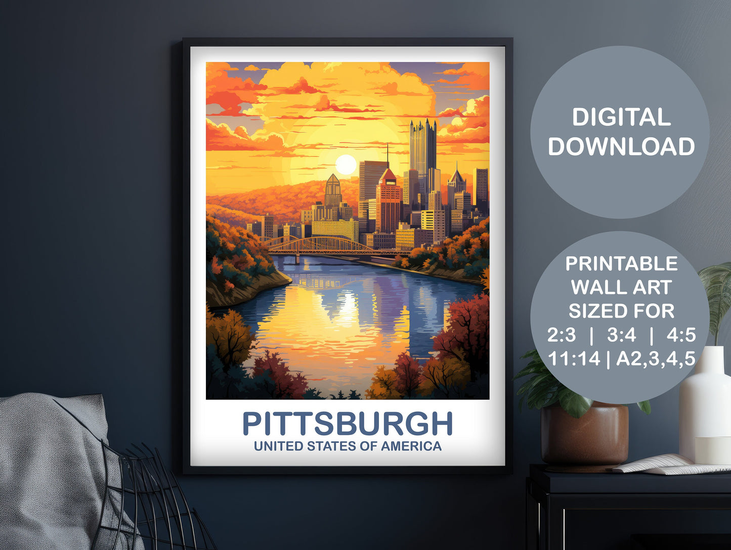 Pittsburgh Digital Travel Art,  Printable Pittsburgh Wall Art, Pennsylvania Wall Art, Pittsburgh Pennsylvania, Travel Wall Art | DT2NA_PEPI1