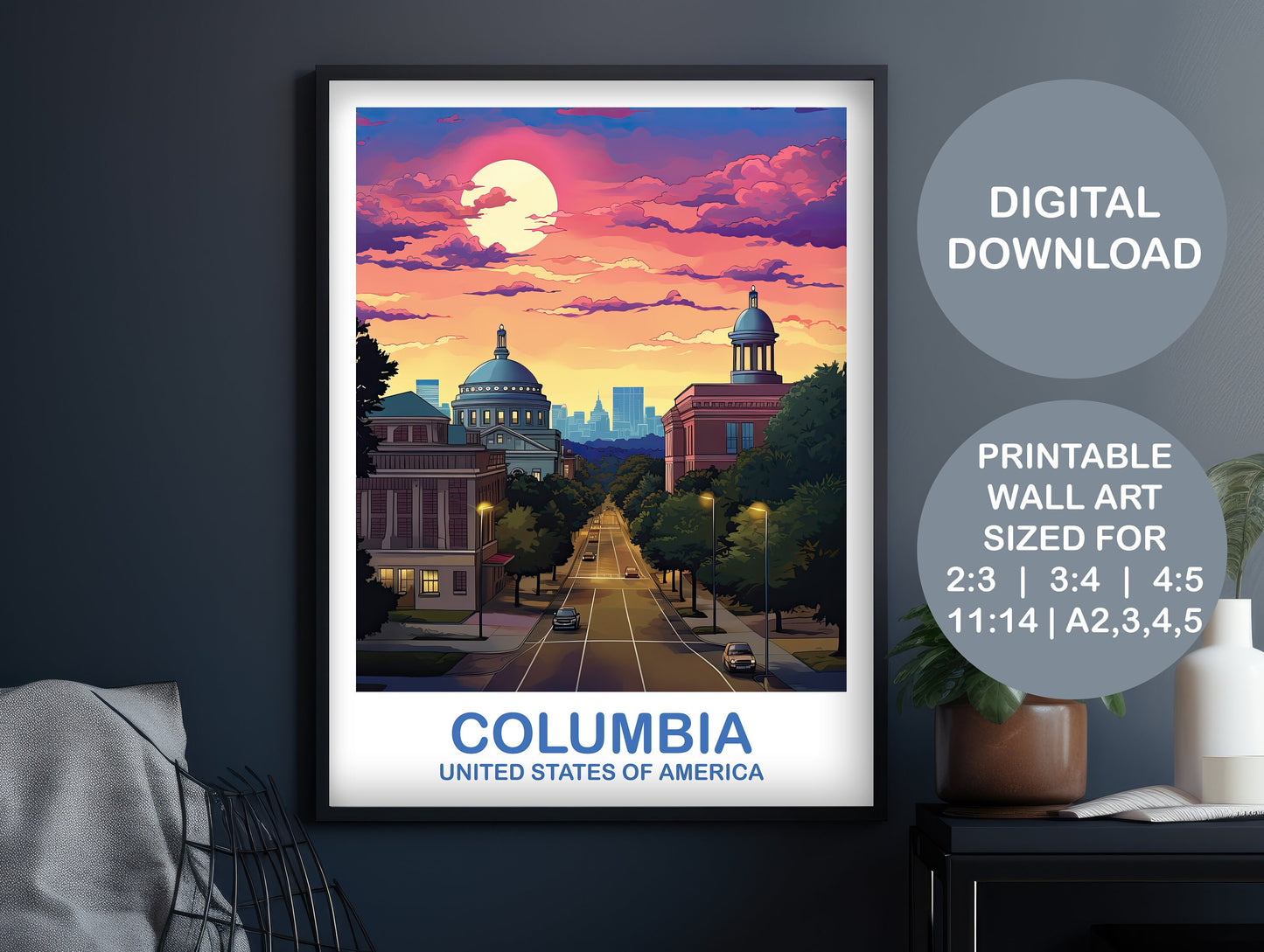 Columbia Travel Art Poster, Columbia Wall Art, South Carolina Wall Art, Printable Columbia Poster, Digital Travel Wall Art | DT2NA_SAC01