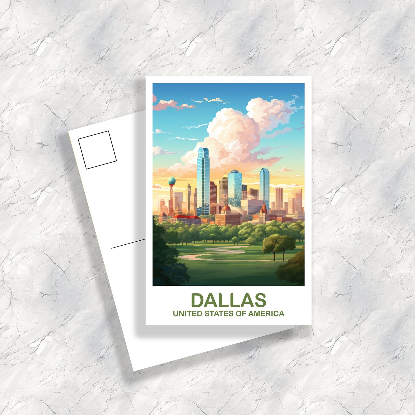 Dallas Texas Travel Postcard, Dallas Postcard Art, Texas Postcard Art, Dallas Texas Postcard, Travel Postcard, USA Postcard | T2NA_TEDA1_P