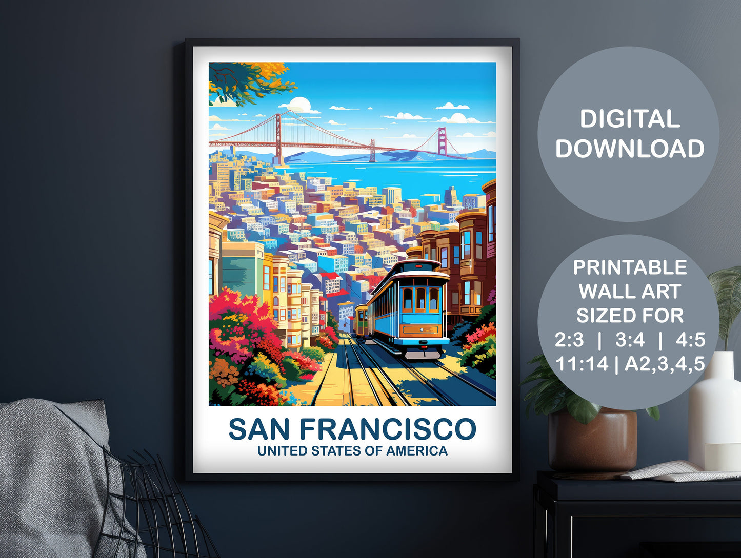 San Francisco Travel Print, California Travel Wall Art, Digital San Francisco Wall Art, City Skyline, California Wall Art | DT2NA_CASF1