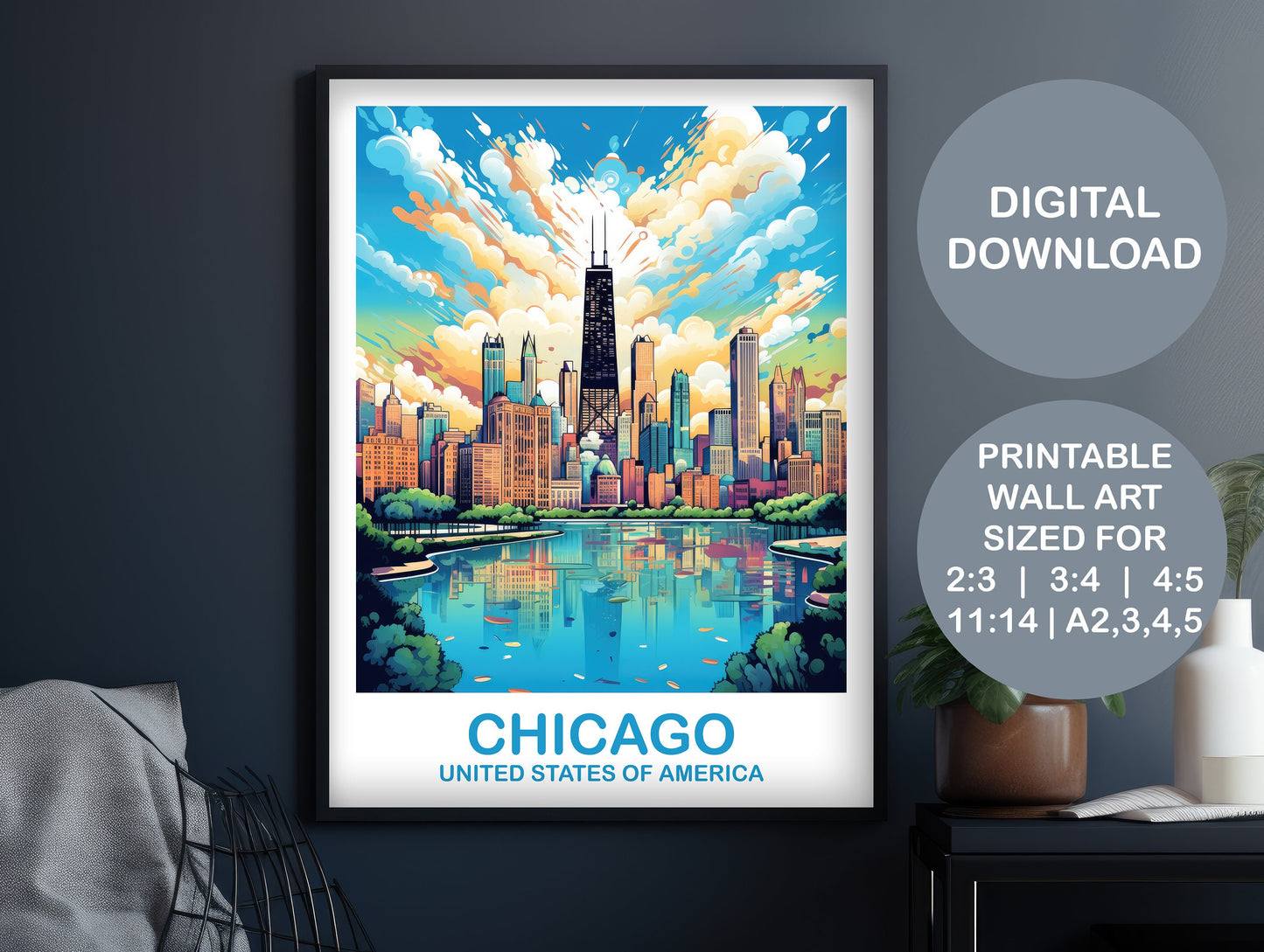 Chicago Travel Wall Art, Illinois Travel Wall Art, City Skyline Wall Art, Printable Travel Wall Art, Digital Travel Art | DT2NA_ILCH1