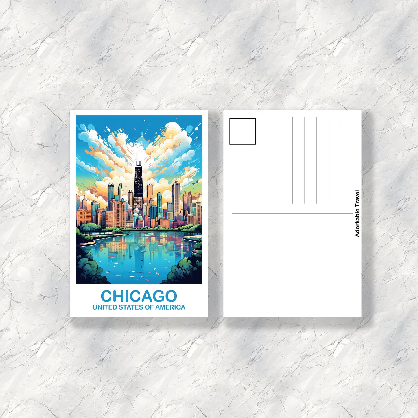 Chicago Travel Postcard Art, Illinois Travel Postcard, City Skyline Postcard, USA Travel Postcard, Travel Postcard | T2NA_ILCH1_P