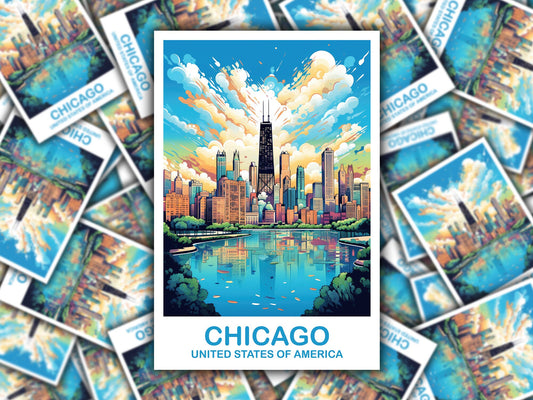 Chicago Travel Sticker Art, Illinois Travel Sticker, City Skyline Sticker, USA Travel Sticker, Chicago Art, Travel Sticker | T2NA_ILCH1_S
