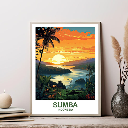 Sumba Travel Wall Art, Sumba Skyline, Bali Indonesia Wall Art Poster, City Skyline Wall Art, Vibrant Sunset, Travel Wall Art | T2AS_INDSU1