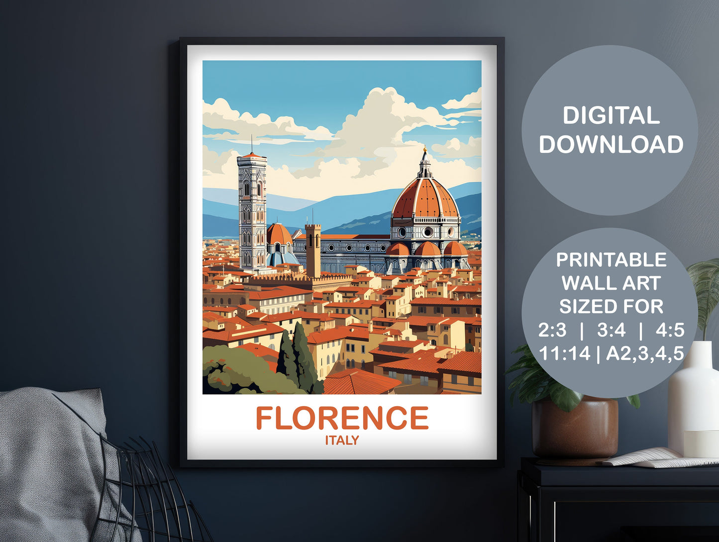 Florence Italy Travel Poster, Printable Florence Travel Art, Italy Travel Wall Art, Digital Florence Travel Wall Art | DT2EU_ITFL1